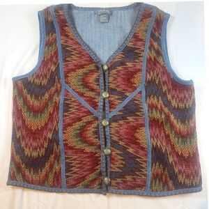 City Blues by Koret Woven Tapestry Denim Vest Women's Size M Southwest Aztec 80s